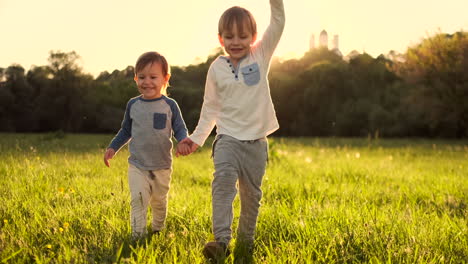 Two-brothers-walk-on-the-field-in-the-summer-at-sunset-holding-hands-happy-and-cheerful.